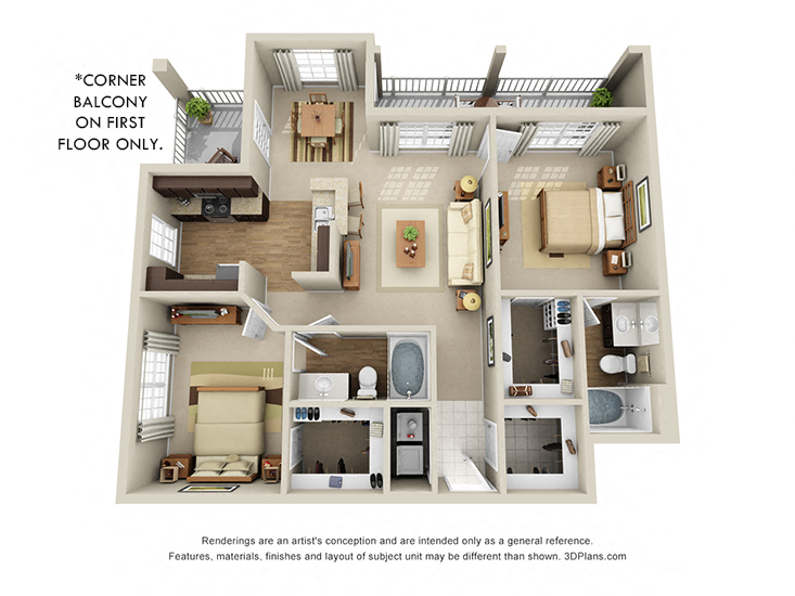 Floor plan for 2 beds, 2 baths, 1095 sqft